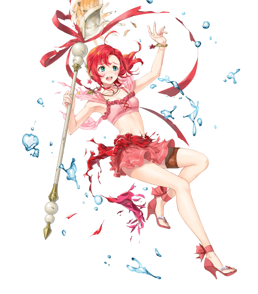 1girl aqua_eyes bikini fire_emblem fire_emblem:_mystery_of_the_emblem fire_emblem_heroes full_body hair_ornament highres holding holding_weapon jewelry kaya8 long_hair norne_(fire_emblem) polearm redhead solo spear swimsuit tied_hair transparent_background weapon
