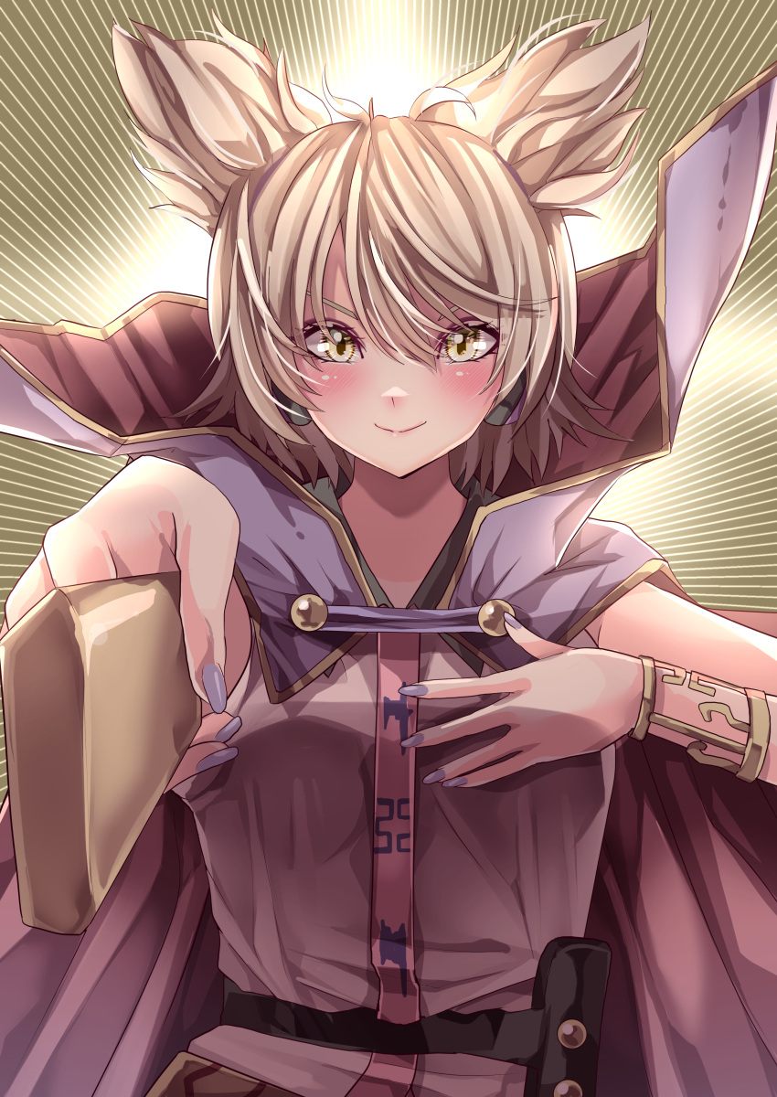 1girl absurdres bangs belt blouse blush bracelet breasts cape closed_mouth commentary_request earmuffs eyebrows_behind_hair foreshortening gold_trim hair_between_eyes hair_flaps hand_on_own_chest highres holding holding_stick jewelry light_brown_hair looking_at_viewer maboroshi_mochi medium_breasts nail_polish outstretched_arm pink_blouse pointy_hair purple_cape purple_nails ritual_baton short_hair sleeveless_blouse smile solo stick sunburst touhou toyosatomimi_no_miko upper_body v-shaped_eyebrows yellow_eyes