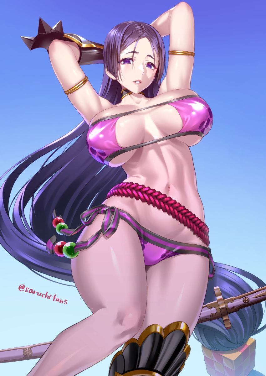 1girl absurdres arm_guards armor arms_behind_head arms_up bangs belt bikini blue_background breasts choker collarbone commentary_request fate/grand_order fate_(series) gradient gradient_background highres large_breasts lips looking_at_viewer minamoto_no_raikou_(fate) minamoto_no_raikou_(swimsuit_lancer)_(fate) navel parted_bangs parted_lips purple_bikini purple_hair saruchitan shiny shiny_clothes shiny_hair shiny_skin solo stomach swimsuit thighs violet_eyes