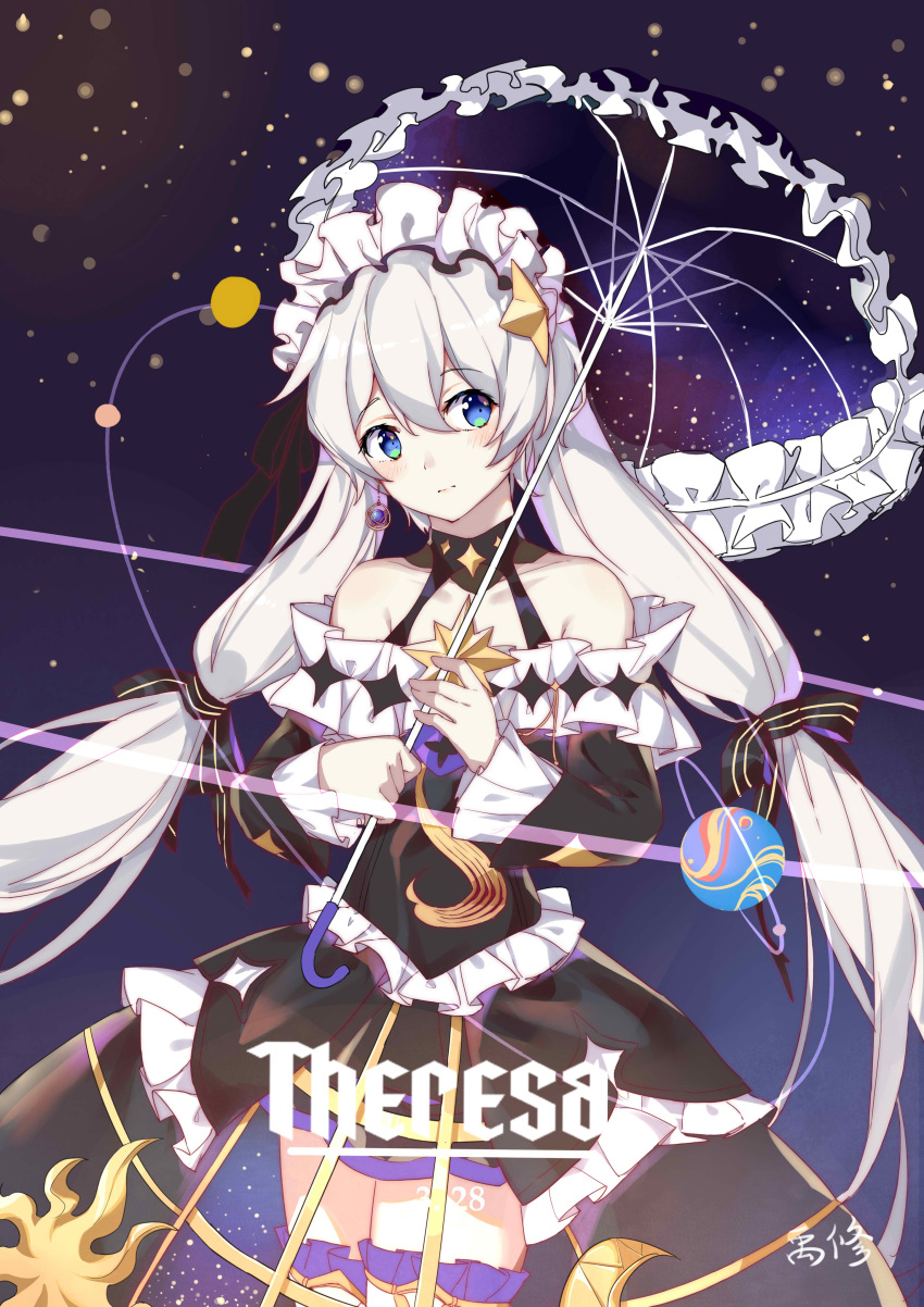 1girl absurdres bangs bare_shoulders black_dress blue_eyes closed_mouth dress hair_between_eyes hair_ornament highres holding honkai_(series) honkai_impact_3rd long_hair long_sleeves looking_at_viewer night night_sky planet sky solo star_(sky) theresa_apocalypse theresa_apocalypse_(celestial_hymn) thigh-highs twintails umbrella white_hair white_legwear yu_xiu