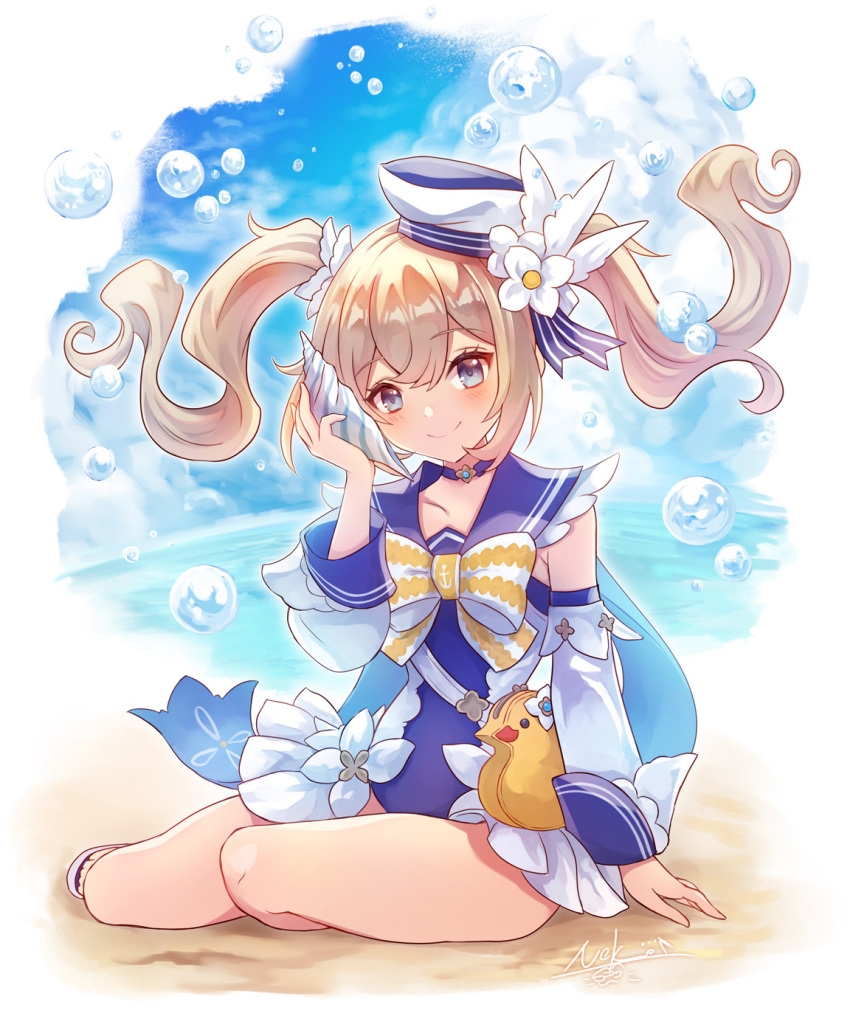 1girl barbara_(genshin_impact) bare_legs beach blonde_hair blue_choker blue_eyes blue_sky blush bow bubble choker closed_mouth clouds commentary_request conch detached_sleeves eyebrows_visible_through_hair flower genshin_impact hair_flower hair_ornament hat highres holding looking_at_viewer nekobayashi ocean official_alternate_costume sandals sitting sky smile solo striped striped_bow swimsuit swimsuit_under_clothes twintails white_headwear yokozuwari