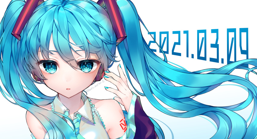 1girl 39 absurdres aqua_eyes aqua_hair aqua_nails bangs bare_shoulders black_sleeves collared_shirt commentary_request dated detached_sleeves eyebrows_visible_through_hair hair_between_eyes hair_ornament hand_up hatsune_miku headphones highres long_hair long_sleeves looking_at_viewer nail_polish parted_lips shirt simple_background solo twintails twitter_username upper_body vocaloid wako_morino white_background white_shirt