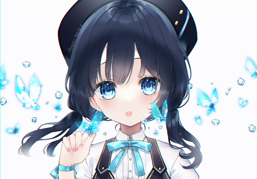 1girl :o absurdres air_bubble bangs beret black_hair black_headwear blue_butterfly blue_eyes blush bubble bug butterfly butterfly_on_finger collarbone dress_shirt hand_up hat highres insect long_hair looking_at_viewer original shirt short_twintails simple_background solo twintails twitter_username upper_body upper_teeth wako_morino white_background white_shirt wristband