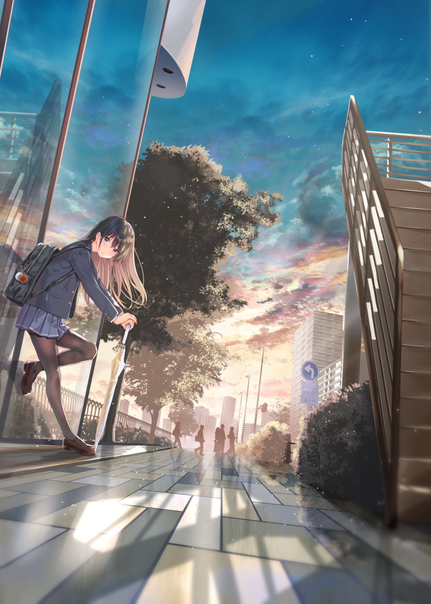1girl backpack bag bangs black_hair blue_eyes blue_jacket blue_skirt brown_footwear brown_legwear bush city closed_umbrella commentary_request hair_between_eyes highres holding holding_umbrella jacket loafers long_hair long_sleeves looking_at_viewer looking_to_the_side miniskirt nanashi_(74_nanashi) original outdoors pantyhose pleated_skirt reflection school_uniform shoes skirt sky stairs standing standing_on_one_leg tree umbrella