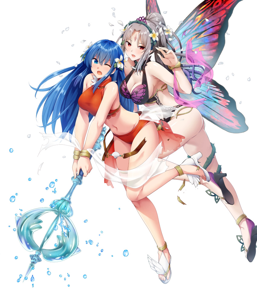 2girls bangs bare_shoulders bikini blue_eyes blue_hair breasts caeda_(fire_emblem) fire_emblem fire_emblem:_mystery_of_the_emblem fire_emblem_heroes hair_ornament highres long_hair medium_breasts multiple_girls official_art one-piece_swimsuit plumeria_(fire_emblem) ryouma_(galley) swimsuit transparent_background