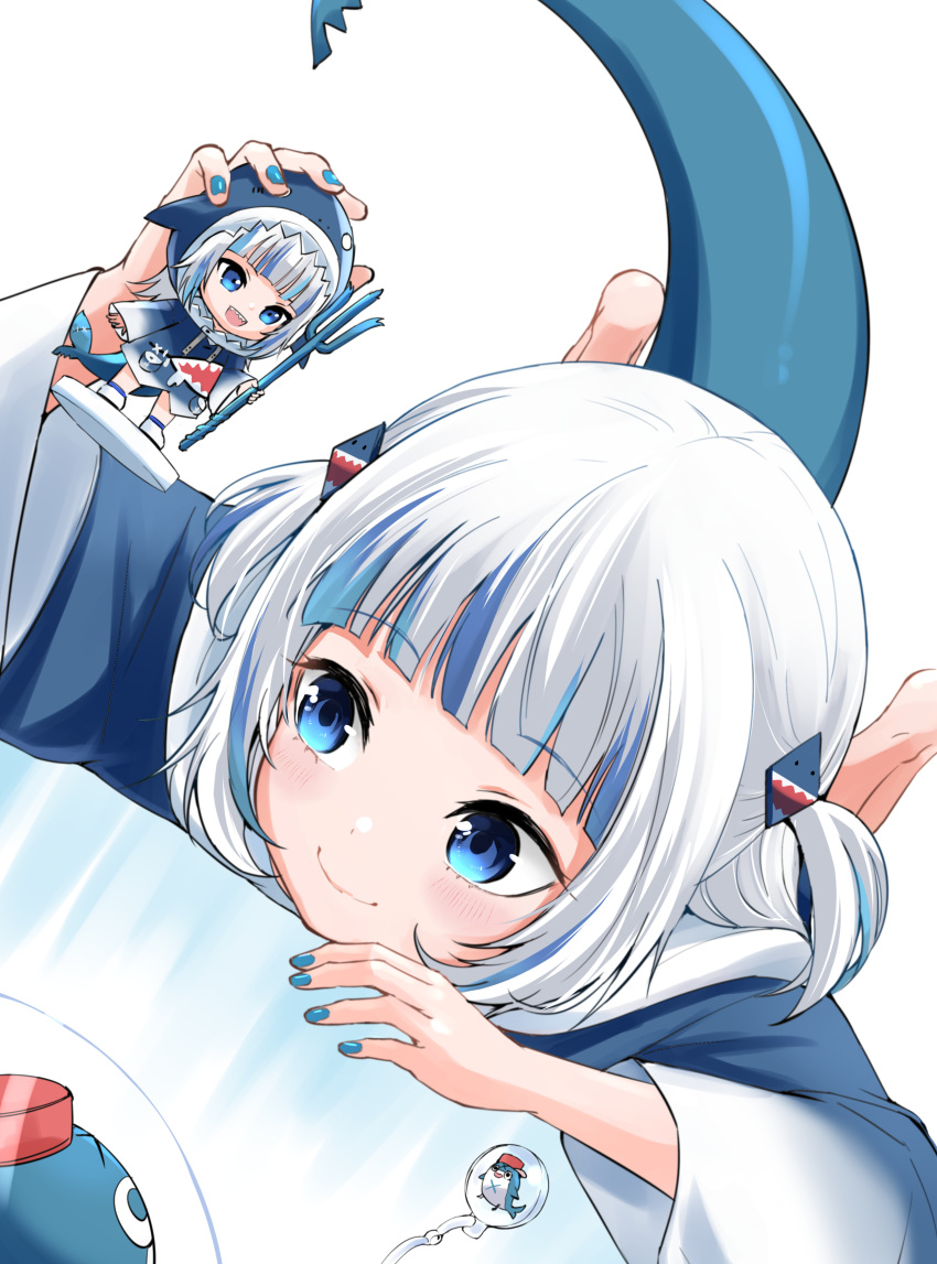 1girl absurdres bangs bloop_(gawr_gura) blue_eyes blue_hair blush fish_tail gawr_gura highres hololive hololive_english hood hoodie long_hair multicolored_hair open_mouth shark_tail silver_hair smile solo streaked_hair tail virtual_youtuber yuu201023