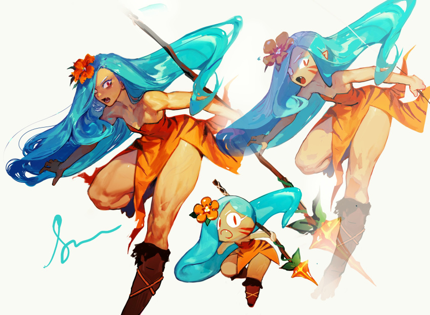 1girl absurdres bare_shoulders blue_hair boots brown_footwear copyright_request dress facial_mark fang highres holding holding_polearm holding_spear holding_weapon long_hair looking_at_viewer multiple_views open_mouth orange_dress orange_eyes pelvic_curtain pigeon666 polearm signature simple_background spear strapless strapless_dress very_long_hair weapon whisker_markings white_background