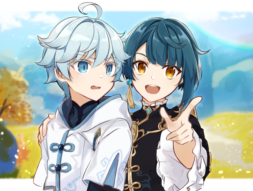 2boys absurdres ahoge asymmetrical_bangs bangs black_coat black_shirt blue_eyes blue_hair blue_sky blurry blurry_background chestnut_mouth chongyun_(genshin_impact) clouds coat commentary dust earrings frilled_shirt_collar frilled_sleeves frills genshin_impact hand_on_another's_shoulder highres hill hood hoodie jewelry kuroha1873 letterboxed light_blue_hair long_coat long_sleeves mountainous_horizon multiple_boys open_mouth outdoors pointing pointing_at_viewer shirt short_hair short_sleeves single_earring sky smile symbol_commentary tassel tassel_earrings tree upper_body upper_teeth white_hoodie xingqiu_(genshin_impact) yellow_eyes