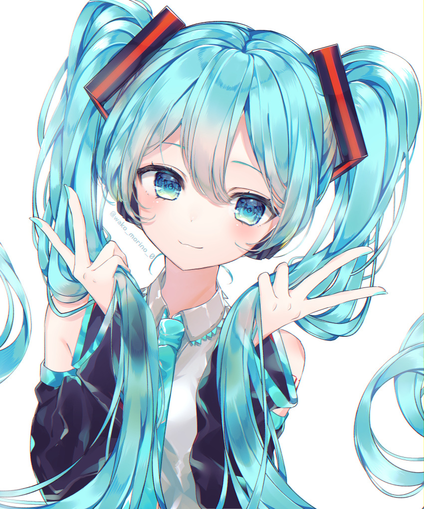 1girl absurdres aqua_eyes aqua_hair aqua_nails aqua_neckwear bangs black_sleeves blush closed_mouth collared_shirt commentary detached_sleeves double_v floating_hair hair_between_eyes hair_ornament hands_up hatsune_miku highres holding_hands huge_filesize long_hair long_sleeves looking_at_viewer nail_polish necktie shirt simple_background smile solo twintails twitter_username v vocaloid wako_morino white_background white_shirt