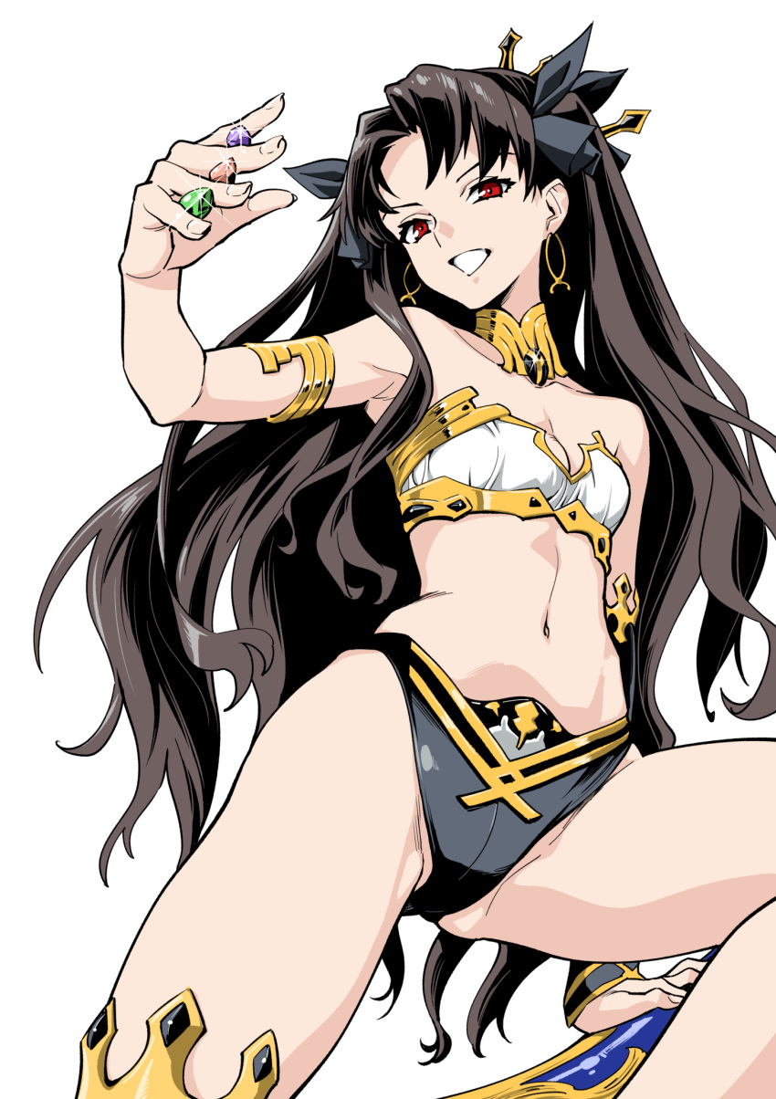 1girl armpits bangs bare_arms bare_legs bare_shoulders bikini black_hair breasts crown fate/grand_order fate_(series) hair_ornament hair_ribbon hassystants highres ishtar_(fate) ishtar_(fate)_(all) long_hair looking_at_viewer open_mouth red_eyes ribbon simple_background smile solo stomach swimsuit teeth twintails white_background