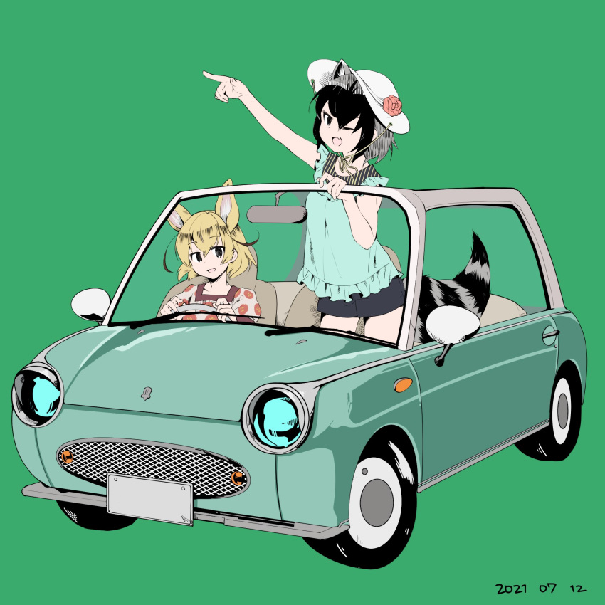 2girls alternate_costume animal_ears black_hair blonde_hair blue_shirt blue_shorts car casual commentary_request common_raccoon_(kemono_friends) driving extra_ears eyebrows_visible_through_hair fennec_(kemono_friends) flower fox_ears fox_girl grey_hair ground_vehicle hat hat_flower highres kemono_friends motor_vehicle multicolored_hair multiple_girls nanana_(nanana_iz) one_eye_closed puffy_short_sleeves puffy_sleeves raccoon_ears raccoon_girl raccoon_tail shirt short_hair short_shorts short_sleeves shorts sleeveless sun_hat tail white_hair