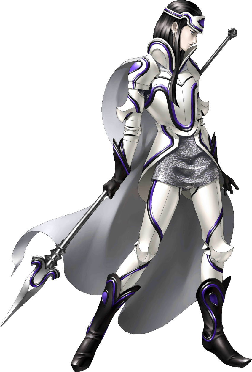 1boy armor black_footwear black_gloves black_hair breastplate cape cu_chulainn_(megami_tensei) earrings faulds full_body gloves hair_pulled_back headgear highres jewelry kazuma_kaneko long_hair looking_at_viewer official_art plate_armor pointy_footwear polearm shin_megami_tensei shoulder_armor solo spear standing third-party_source transparent_background weapon