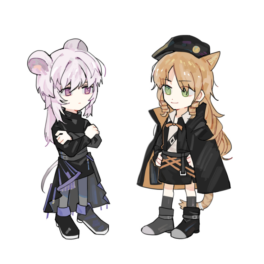2girls animal_ears arknights belt black_cape black_dress black_footwear black_headwear black_skirt boots cape cat_ears chibi chinese_commentary closed_mouth commentary_request crossed_arms dress drill_hair expressionless eyebrows_visible_through_hair eyes_visible_through_hair full_body green_eyes grey_legwear hands_on_hips hat highres lin_yuhsia_(arknights) long_hair long_sleeves looking_at_another mouse_ears multiple_girls neck_ribbon orange_hair orange_neckwear pantyhose pink_eyes pink_hair ribbon shirt simple_background skirt smile standing swire_(arknights) tail tiger_tail turtleneck_dress white_background white_shirt zzzzoka