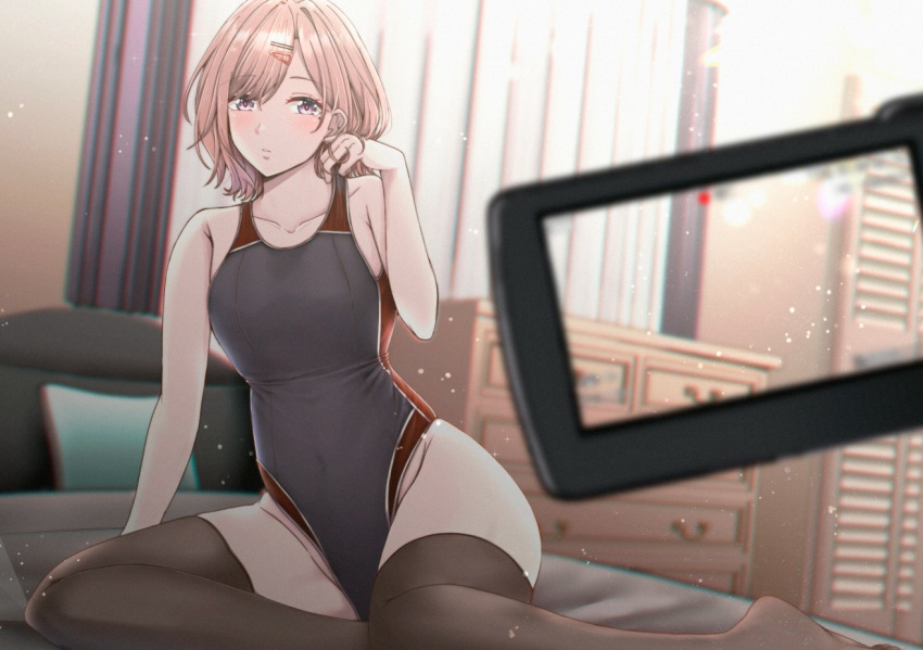 1girl bedroom black_legwear black_swimsuit blurry brown_hair camcorder collarbone commentary_request competition_swimsuit curtains depth_of_field drawer flat_chest full_body hair_ornament hairclip higuchi_madoka idolmaster idolmaster_shiny_colors indoors looking_at_viewer mole mole_under_eye one-piece_swimsuit shohei_(piranha5hk) short_hair sitting solo swimsuit thigh-highs violet_eyes yokozuwari