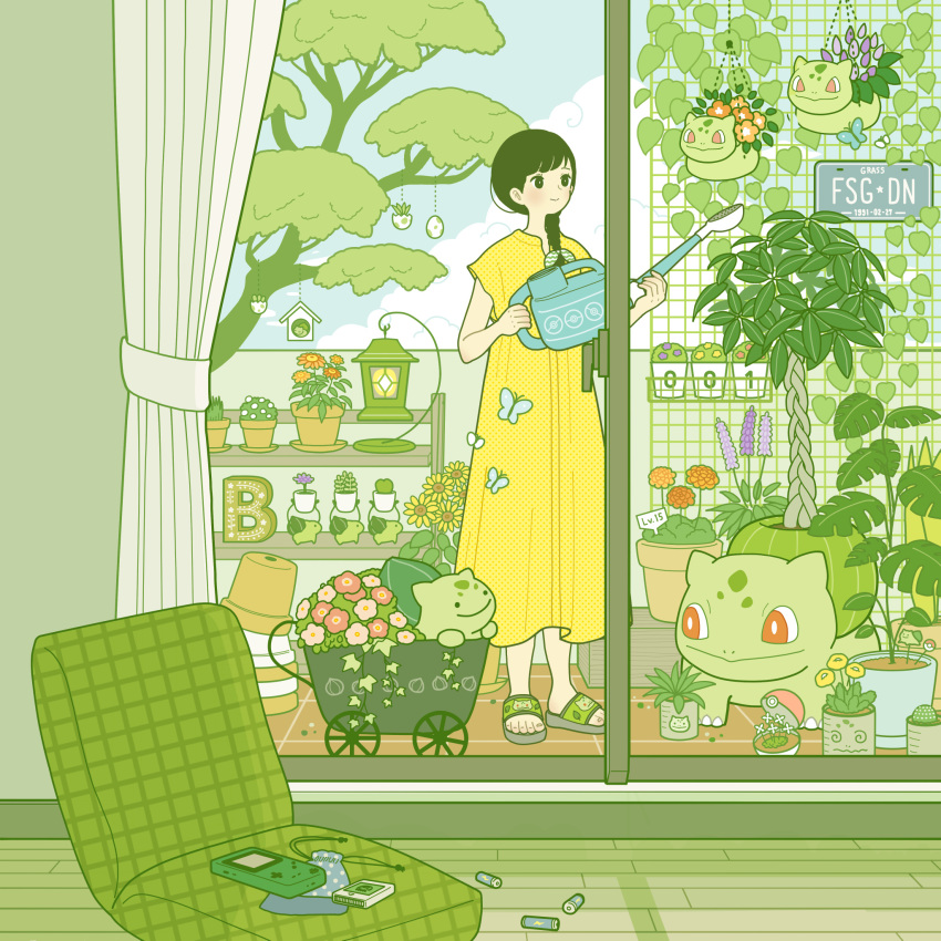 1girl black_hair blue_sky blush bug bulbasaur butterfly clouds cloudy_sky flower gen_1_pokemon hair_flower hair_ornament highres insect leaf long_hair original plant pokemon pokemon_(creature) ponytail potted_plant purple_flower red_flower sandals sky smile solo tree watering_can yellow_flower yoshimon