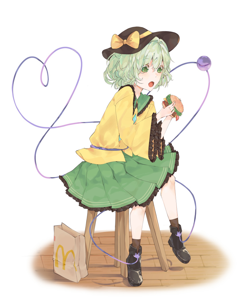 absurdres bag boots bow burger food green_eyes green_hair hat heart highres komeiji_koishi mcdonald's open_mouth paper_bag ribbon sitting socks solo string wooden_chair wooden_floor