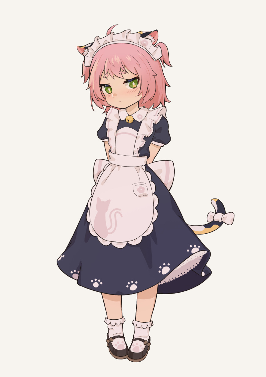 1girl absurdres ahoge alternate_costume alternate_hairstyle animal_print animalization apron arms_behind_back bangs beige_background bell blush cat_print commentary_request diona_(genshin_impact) eyebrows_visible_through_hair flower full_body genshin_impact grass green_eyes highres looking_at_viewer maid maid_apron maid_headdress mary_janes paw_print paw_print_pattern pink_hair pocket shoes short_hair sidelocks simple_background sky socks solo thick_eyebrows two_side_up weird_did_you_paint_today? white_legwear