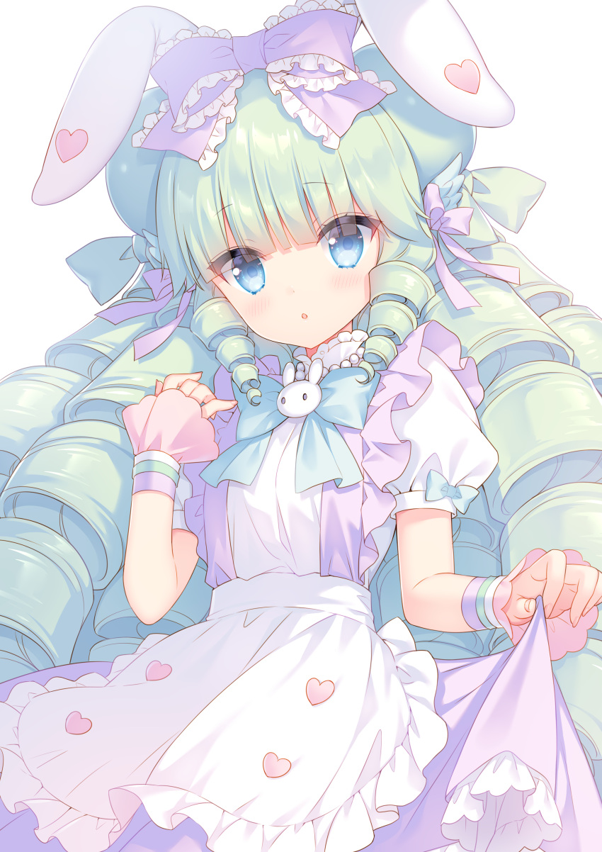 1girl :o absurdres animal_ears apron bangs blue_eyes blush bow commentary_request commission drill_hair eyebrows_visible_through_hair frilled_apron frilled_bow frilled_skirt frills green_hair hair_bow heart highres long_hair looking_at_viewer miruku_(cutesuu) original parted_lips pixiv_request puffy_short_sleeves puffy_sleeves purple_bow purple_skirt rabbit_ears sakura_neko shirt short_sleeves sidelocks simple_background skirt skirt_hold solo suspender_skirt suspenders very_long_hair waist_apron white_apron white_background white_shirt wrist_cuffs