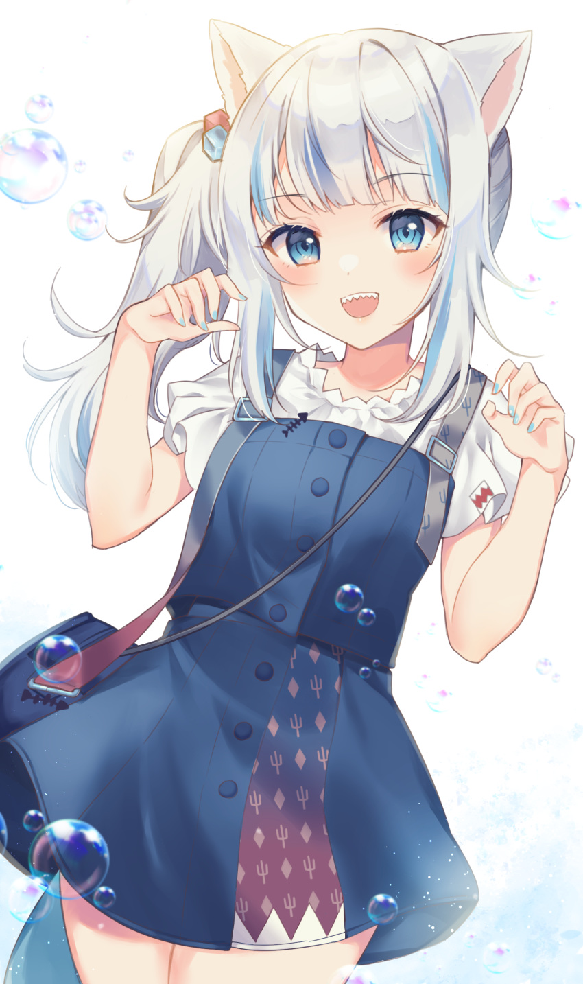 1girl :d absurdres air_bubble animal_ears bag bangs blue_dress blue_eyes blue_hair blue_nails bubble cat_ears commentary_request dress eyebrows_visible_through_hair fish_tail gawr_gura hair_cubes hair_ornament hands_up highres hololive hololive_english long_hair looking_at_viewer miyakoto multicolored_hair nail_polish open_mouth shark_tail sharp_teeth shirt shoulder_bag side_ponytail silver_hair sleeveless sleeveless_dress smile solo streaked_hair tail teeth virtual_youtuber white_background white_shirt