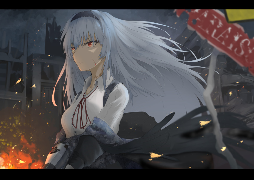 1girl absurdres blue_hair closed_mouth eyebrows_visible_through_hair farena girls_frontline hairband highres jacket long_hair looking_away neck_ribbon red_eyes red_ribbon ribbon scar scar_on_face scar_on_neck serious shirt skirt solo suspender_skirt suspenders thunder_(girls_frontline) white_shirt