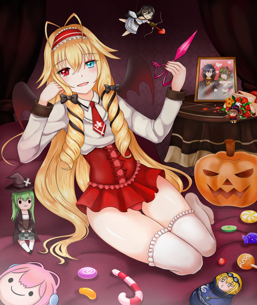 1girl :d blonde_hair candy candy_cane character_request cupid eyebrows_visible_through_hair hairband heterochromia holding holding_scissors lolipop low_twin_braids low_twintails miniskirt miuni necktie panties picture_frame pumpkin red_clothes red_pants smile solo thigh-highs thighs toy wings