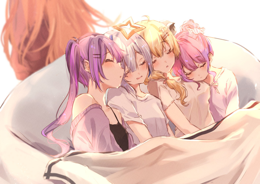 5girls amane_kanata angel closed_eyes everyone halo harui_(hr_x9_) highres himemori_luna holoforce hololive horns kiryu_coco multiple_girls sheep_girl sheep_horns sleeping star_halo tokoyami_towa tsunomaki_watame virtual_youtuber