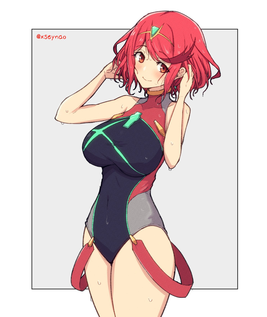 1girl bangs black_swimsuit breasts chest_jewel competition_swimsuit covered_collarbone covered_navel gem headpiece highres large_breasts mochimochi_(xseynao) one-piece_swimsuit pyra_(pro_swimmer)_(xenoblade) pyra_(xenoblade) red_eyes red_swimsuit redhead short_hair solo strapless strapless_swimsuit swept_bangs swimsuit tiara two-tone_swimsuit xenoblade_chronicles_(series) xenoblade_chronicles_2