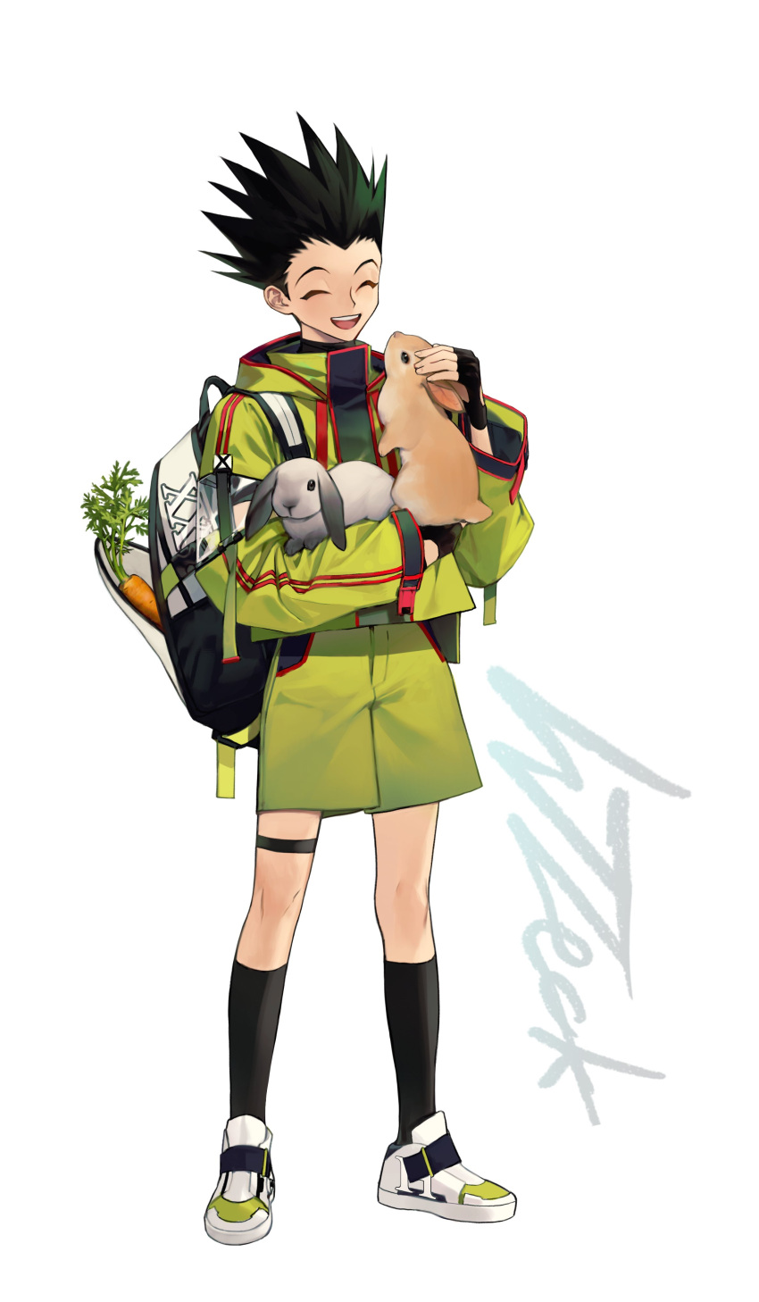 1boy :d ^_^ absurdres alternate_costume animal backpack bag black_eyes black_gloves black_shirt calf_socks carrot casual closed_eyes fingerless_gloves food full_body gloves gon_freecss green_hair green_jacket green_shorts high_collar highres holding holding_animal hunter_x_hunter jacket long_sleeves male_focus open_mouth petting rabbit shirt shoes short_hair shorts signature simple_background smile sneakers socks solo spiky_hair standing thigh_strap white_background white_footwear wzeck