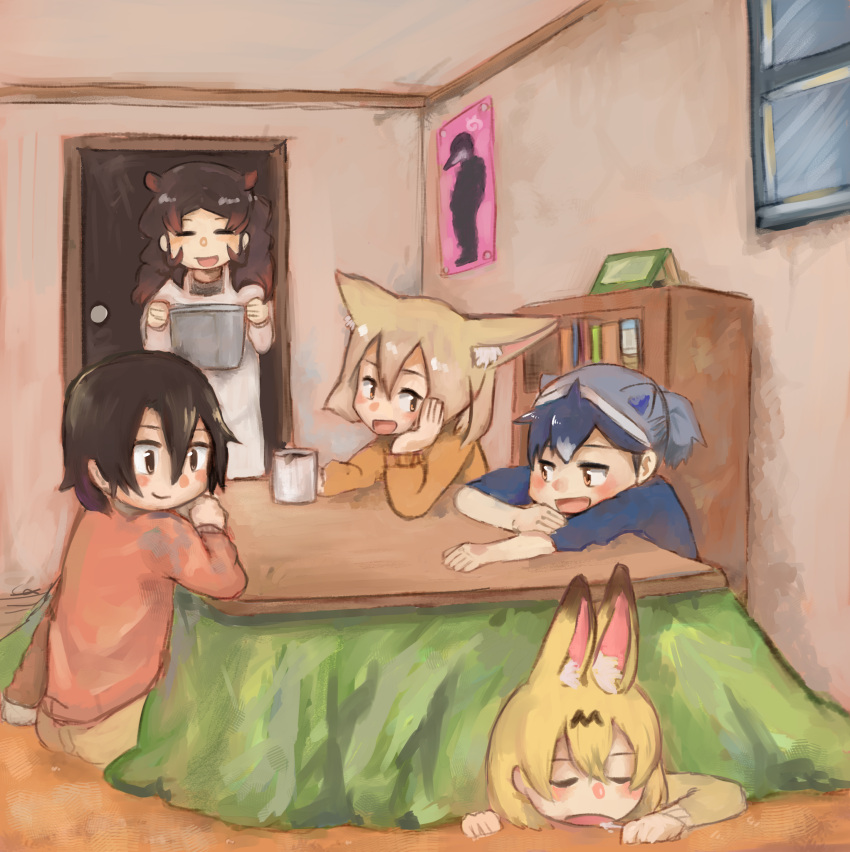 5girls :d =_= absurdres alternate_costume animal_ear_fluff animal_ears apron bangs black_hair blonde_hair blue_shirt bookshelf brown_eyes casual closed_eyes commentary common_raccoon_(kemono_friends) contemporary cup drooling extra_ears fennec_(kemono_friends) fox_ears grey_hair hair_between_eyes highres hippopotamus_(kemono_friends) indoors kaban_(kemono_friends) kajitsu_ohima kemono_friends kotatsu long_hair long_sleeves multicolored_hair multiple_girls open_mouth orange_shirt poster_(object) pot raccoon_ears red_shirt redhead serval_(kemono_friends) serval_ears shirt short_hair short_ponytail sitting sleeping smile table tatsuki_(person) under_kotatsu under_table |d
