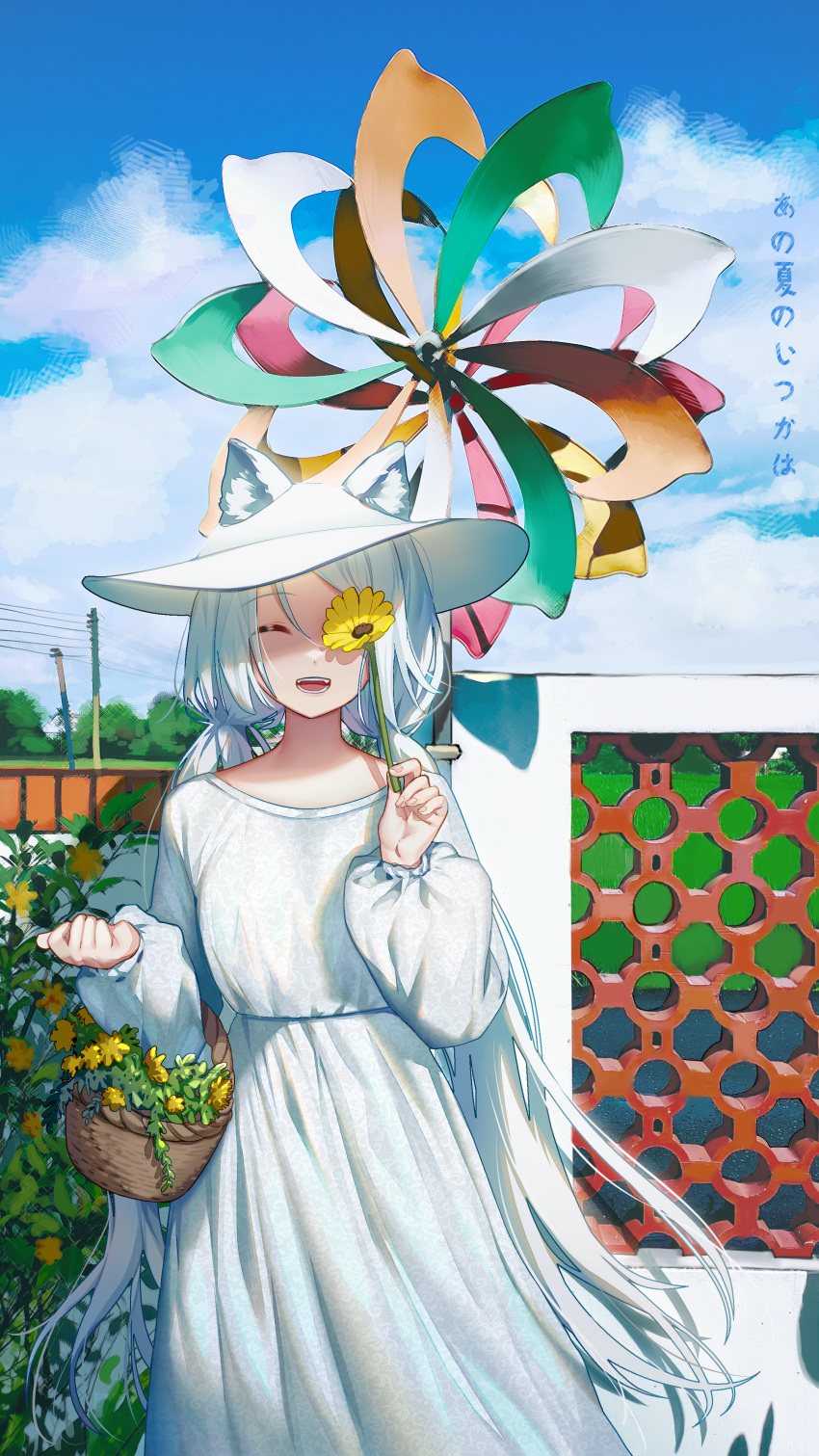 1girl :d ^_^ absurdres animal_ear_fluff animal_ears bangs basket closed_eyes commentary_request day dress ears_through_headwear eyebrows_visible_through_hair facing_viewer flower fox_ears highres holding holding_flower huge_filesize ihachisu long_hair long_sleeves low_twintails open_mouth original outdoors power_lines puffy_long_sleeves puffy_sleeves sleeves_past_wrists smile solo translation_request twintails utility_pole very_long_hair white_dress white_hair white_headwear yellow_flower