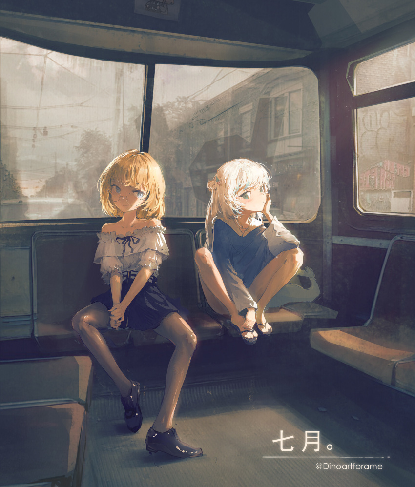 2girls absurdres bag bangs between_legs black_footwear black_skirt blonde_hair blue_eyes blue_hoodie brown_legwear building bus_interior day dino_(dinoartforame) elbow_rest expressionless feet_on_chair gawr_gura hair_ornament hand_between_legs hand_on_own_face hand_on_own_foot head_tilt highres hololive hololive_english hood hood_down hoodie legs_apart legs_up light_smile looking_at_viewer mixed-language_commentary multicolored_hair multiple_girls off-shoulder_shirt off_shoulder own_hands_together pantyhose power_lines puffy_short_sleeves puffy_sleeves rimless_eyewear round_eyewear sandals shark_hair_ornament shirt shopping_bag short_hair short_sleeves sitting skirt streaked_hair twitter_username virtual_youtuber watson_amelia white_hair white_shirt window