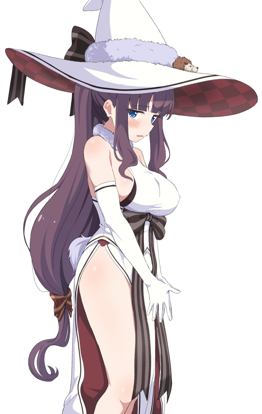 1girl absurdres bangs bare_shoulders blue_eyes blush breasts cosplay costume covered_nipples dress elbow_gloves embarrassed gloves hat highres large_breasts long_hair looking_at_viewer new_game! purple_hair simple_background sincos solo takimoto_hifumi white_background white_dress white_gloves witch witch_hat