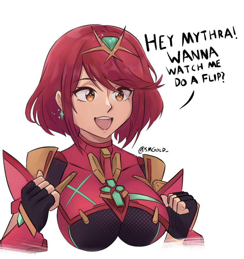 1girl absurdres bangs black_gloves breasts brown_eyes clenched_hands cropped_torso earrings english_commentary english_text eyebrows_visible_through_hair fingerless_gloves gloves hair_behind_ear highres jewelry medium_breasts pyra_(xenoblade) redhead short_hair smgold smile solo twitter_username upper_body xenoblade_chronicles_(series) xenoblade_chronicles_2