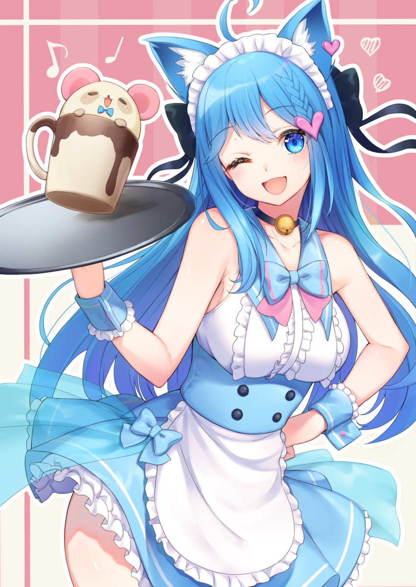 1girl ;d ahoge animal_ear_fluff animal_ears animare apron bell black_bow black_choker blue_eyes blue_hair blush bow braid cat_ears choker collarbone commentary_request hair_bow hair_ornament hand_on_hip heart heart_hair_ornament highres holding long_hair looking_at_viewer neck_bell nishino_eri one_eye_closed open_mouth smile solo souya_ichika virtual_youtuber wrist_cuffs
