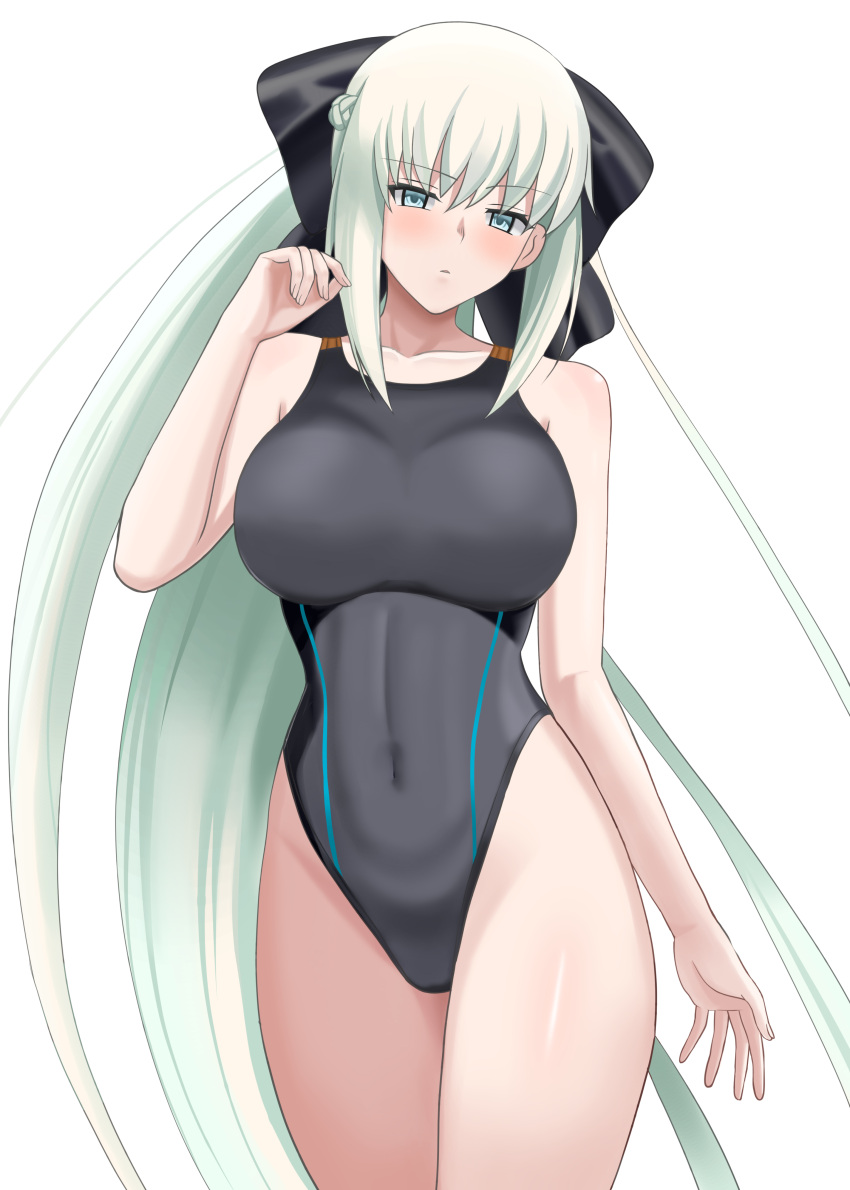 1girl absurdres arms bangs black_bow black_eyelashes blue_eyes bow braid breasts competition_swimsuit eyebrows eyebrows_visible_through_hair eyelashes fate/grand_order fate_(series) french_braid grey_hair hair_bow highleg highleg_swimsuit highres higofushi large_breasts legs legs_together long_hair looking_at_viewer morgan_le_fay_(fate) neck one-piece_swimsuit ponytail sidelocks swimsuit thighs very_long_hair