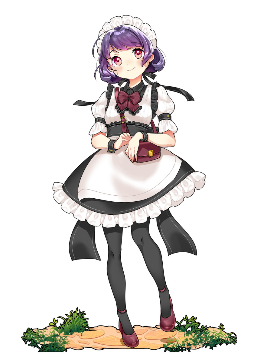 1girl apron bag bangs black_legwear black_skirt blush closed_mouth collared_shirt commentary_request eyebrows_visible_through_hair full_body head_tilt highres looking_at_viewer maid maid_headdress original pantyhose puffy_short_sleeves puffy_sleeves purple_hair red_eyes red_footwear shirt shoes short_sleeves shoulder_bag simple_background skirt smile solo standing standing_on_one_leg suzuki_moeko waist_apron white_apron white_background white_shirt wrist_cuffs