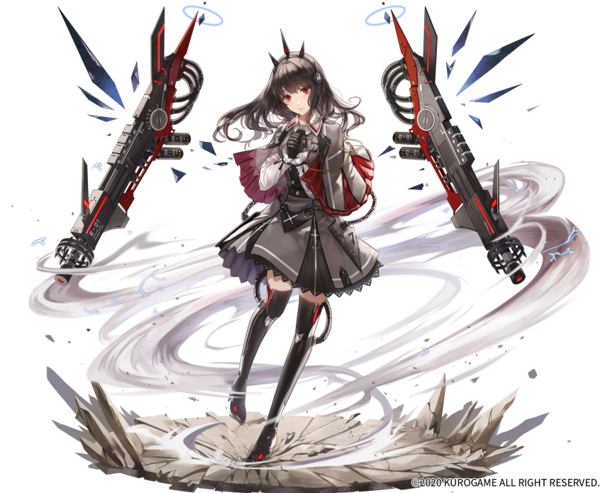 1girl bangs black_gloves black_hair boots broken_ground capelet eyebrows_visible_through_hair floating floating_object floating_weapon gloves hands_clasped headgear high_heel_boots high_heels highres kim_eb long_hair looking_at_viewer own_hands_together punishing:_gray_raven red_eyes solo standing thigh-highs thigh_boots white_background