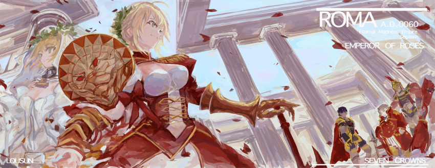2girls 3boys aestus_estus armor blonde_hair blue_eyes breasts caligula_(fate) cape character_request column dress english_text fate/grand_order fate_(series) highres julius_caesar_(fate) large_breasts laurel_crown multiple_boys multiple_girls nero_claudius_(bride)_(fate) nero_claudius_(fate) nero_claudius_(fate)_(all) painterly petals pillar planted planted_sword red_cape romulus_(fate) smile sword taitaip weapon white_dress