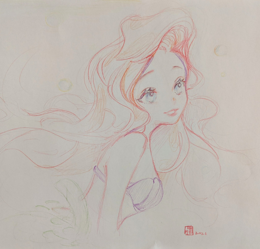 1girl 2021 ariel_(disney) blue_eyes disney english_commentary floating_hair forehead highres leaning_forward long_hair mini_wings parted_lips redhead shell shell_bikini smile solo the_little_mermaid traditional_media white_background xiaociiao