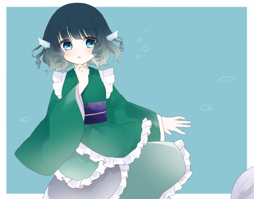 1girl absurdres bangs belt blue_background blue_belt blue_eyes blue_hair border eyebrows_visible_through_hair eyes_visible_through_hair green_kimono green_sleeves hand_up highres japanese_clothes kimono long_sleeves looking_to_the_side mermaid monster_girl open_mouth short_hair simple_background solo touhou umi_(nana_spring) wakasagihime white_border wide_sleeves