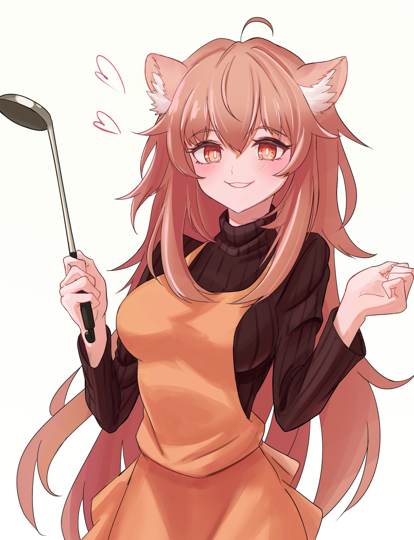 1girl :d absurdres animal_ear_fluff animal_ears apron arknights black_sweater commentary_request eyebrows_visible_through_hair gravel_(arknights) hands_up heart highres holding holding_ladle jacket ladle long_sleeves looking_at_viewer medium_hair mouse_ears off_shoulder open_clothes open_jacket open_mouth orange_apron pink_eyes pink_hair ribbed_sweater shino_duka simple_background smile solo sweater turtleneck turtleneck_sweater upper_body white_background