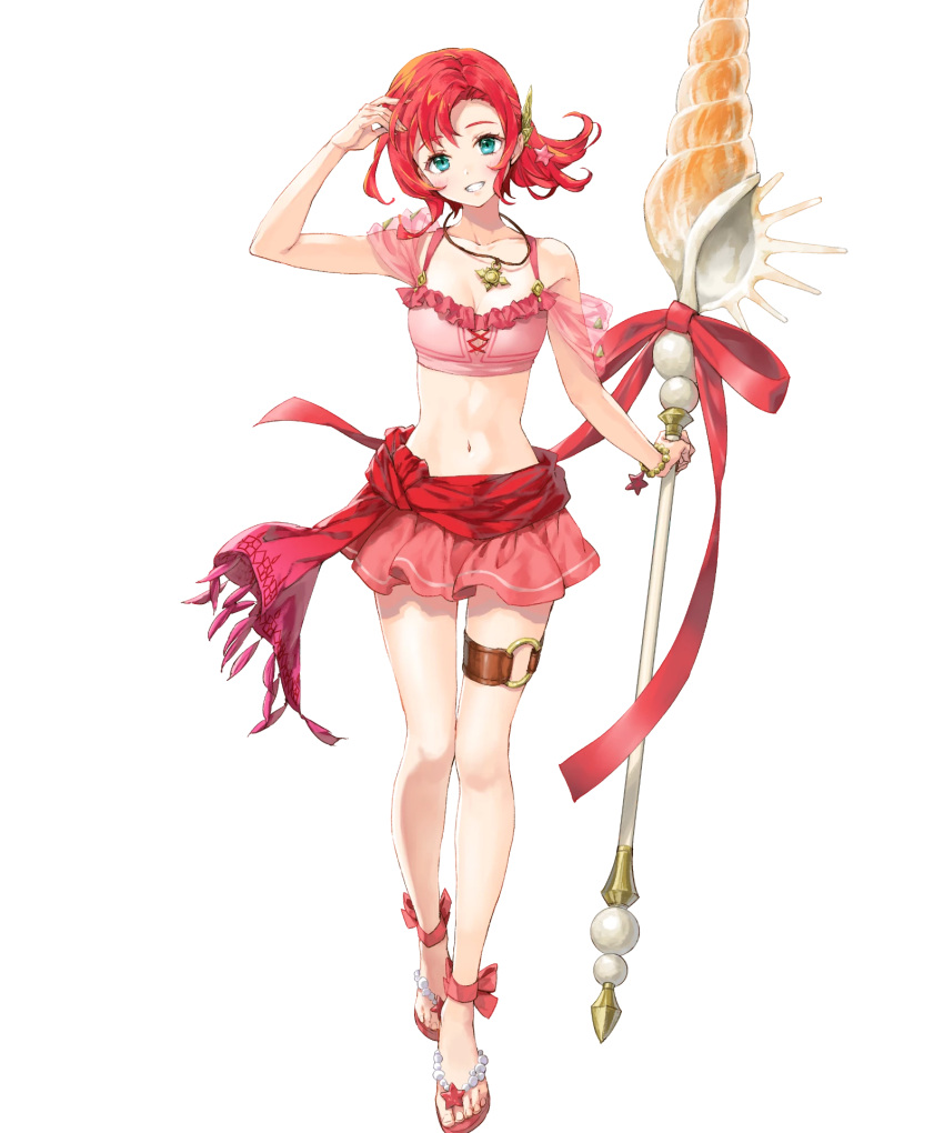 1girl aqua_eyes bikini fire_emblem fire_emblem:_mystery_of_the_emblem fire_emblem_heroes full_body hair_ornament highres holding holding_weapon jewelry kaya8 long_hair norne_(fire_emblem) polearm redhead solo spear swimsuit tied_hair transparent_background weapon