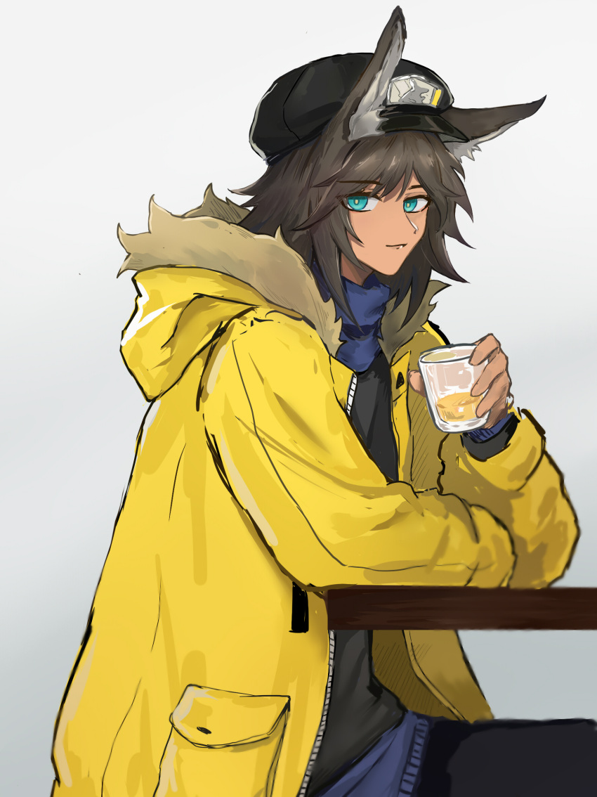 1boy animal_ears aqua_eyes arknights black_headwear black_shirt blue_sweater brown_hair closed_mouth commentary courier_(arknights) courier_(new_routes)_(arknights) cup dark-skinned_male dark_skin deer_ears elbows_on_table eyebrows_visible_through_hair eyes_visible_through_hair from_side fur-trimmed_jacket fur_trim glass grey_background hat highres holding holding_cup jacket long_sleeves looking_at_viewer male_focus official_alternate_costume shirt shisi_(qh19984) sitting smile sweater table yellow_jacket