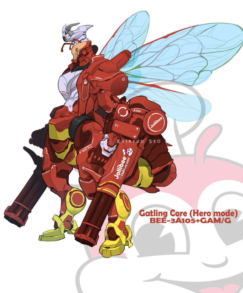 1other absurdres antennae artist_name bodysuit camera decal dual_wielding english_text gatling_gun gun highres holding insect_wings jollibee jollibee_(mascot) machine_gun mecha no_humans original paavuchi power_armor weapon white_background wings