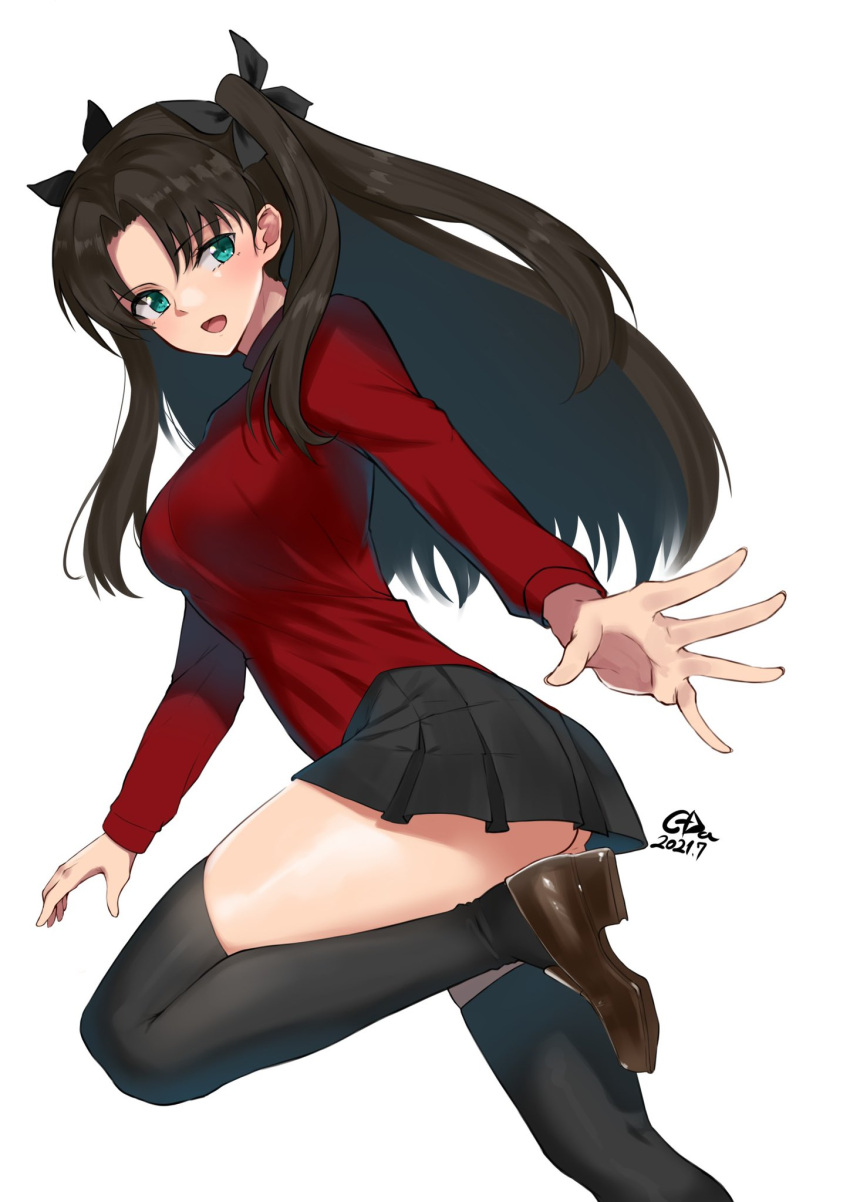 1girl bangs black_hair black_legwear black_skirt blue_eyes blush breasts brown_footwear c-da dated fate/stay_night fate_(series) hair_ribbon highres large_breasts leg_up loafers long_hair long_sleeves open_mouth pleated_skirt red_shirt ribbon shirt shoes signature simple_background skirt solo thigh-highs tohsaka_rin two_side_up white_background