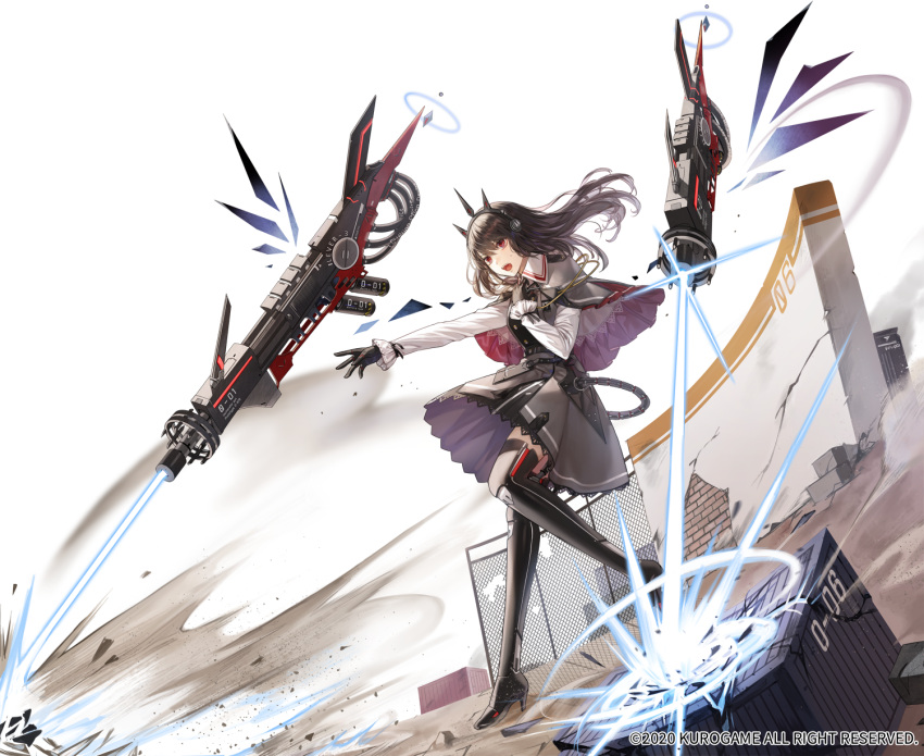 1girl bangs black_gloves black_hair boots capelet dutch_angle eyebrows_visible_through_hair floating floating_object floating_weapon gloves headgear high_heel_boots high_heels highres kim_eb long_hair open_mouth outstretched_arm own_hands_together profile punishing:_gray_raven red_eyes solo standing thigh-highs thigh_boots white_background