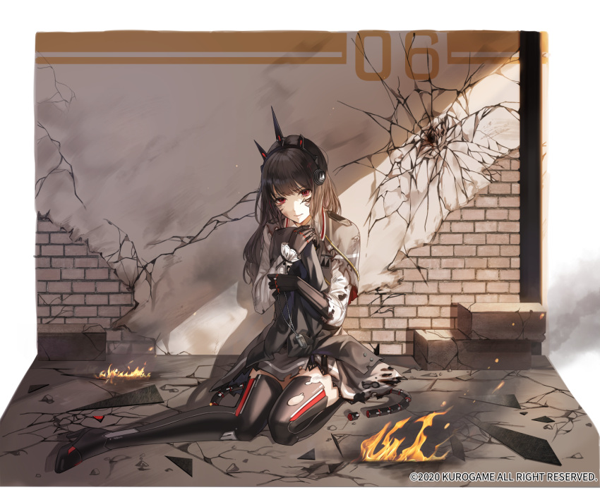 1girl bangs black_gloves black_hair boots broken_ground capelet dog_tags eyebrows_visible_through_hair gloves headgear high_heel_boots high_heels highres injury kim_eb long_hair looking_at_viewer punishing:_gray_raven red_eyes sitting solo standing thigh-highs thigh_boots torn_clothes