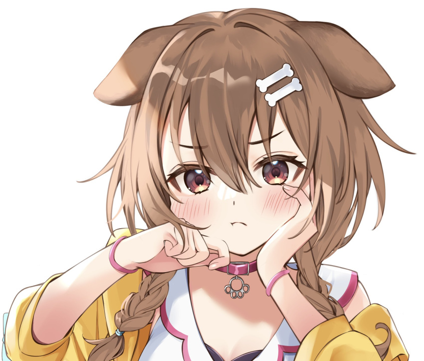 1girl :t animal_collar animal_ears bangs blush bone_hair_ornament bracelet braid brown_eyes brown_hair collar dog_ears dog_girl dress hair_between_eyes hair_ornament hairclip hand_on_own_cheek hand_on_own_face head_rest highres hololive inugami_korone jacket jewelry long_hair looking_at_viewer low_twin_braids off_shoulder portrait pout red_collar shiro_hebi_rei simple_background solo twin_braids twintails virtual_youtuber white_background white_dress yellow_jacket