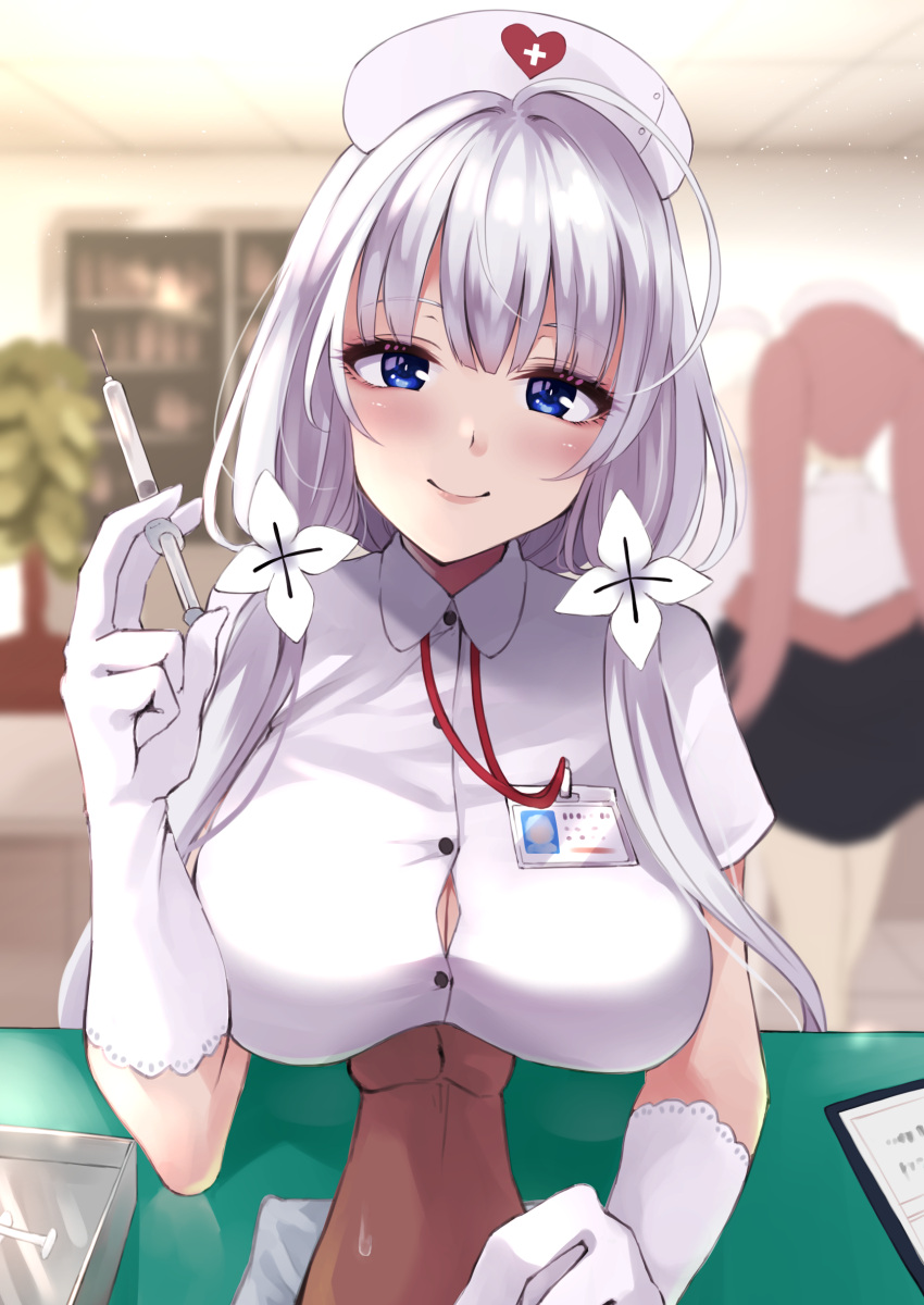 1boy 1girl absurdres azur_lane blue_eyes blush breast_rest breasts closed_mouth elbow_gloves eyebrows_visible_through_hair flower gloves hair_flower hair_ornament hand_on_breast hat highres holding holding_syringe illustrious_(azur_lane) lips long_hair looking_at_viewer notebook nurse nurse_cap silver_hair simple_background sitting smile syringe table wee_(weeyy) white_gloves