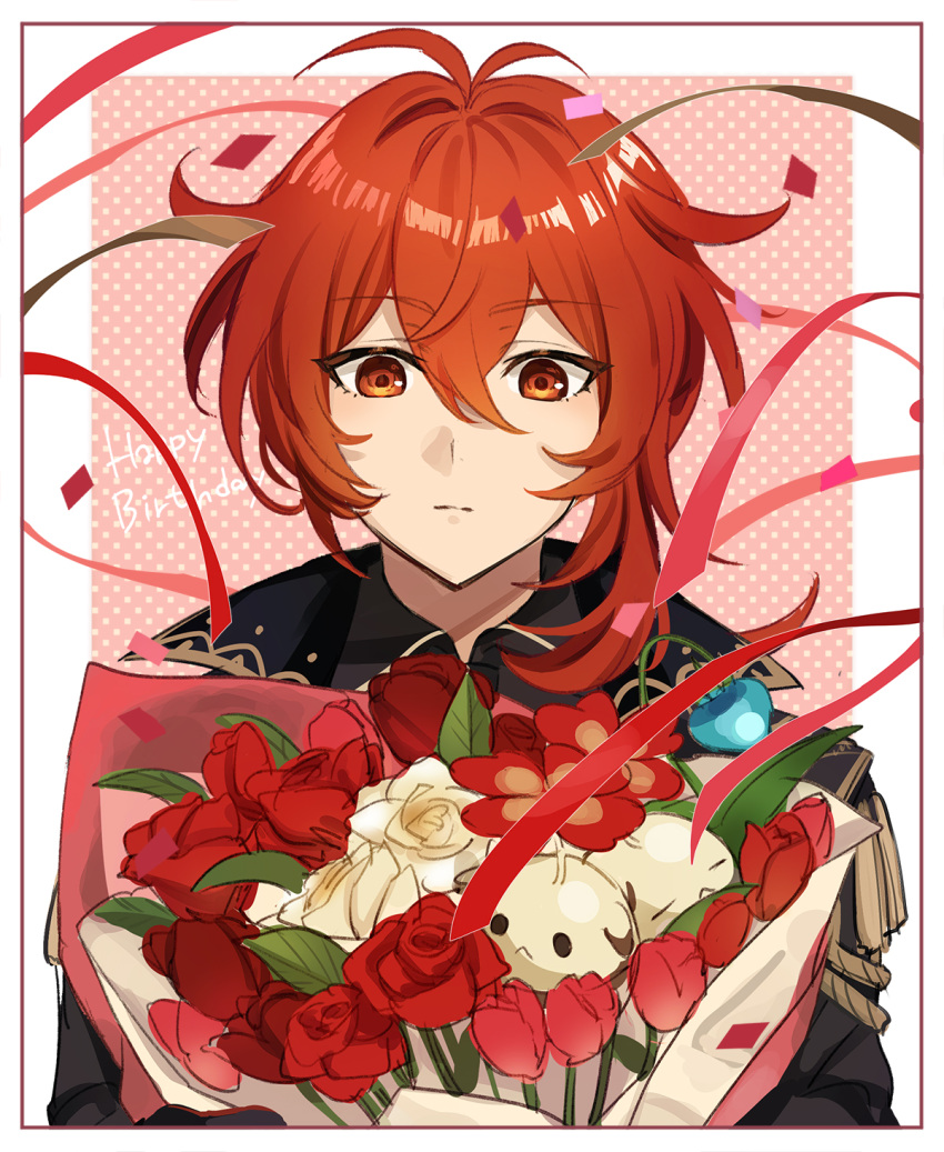 1boy antenna_hair bangs birthday black_jacket blue_flower bouquet closed_mouth confetti diluc_(genshin_impact) eyebrows_visible_through_hair flower genshin_impact hair_between_eyes happy_birthday highres holding jacket long_hair male_focus miz_003 red_eyes red_flower red_rose redhead rose simple_background solo upper_body white_flower white_rose